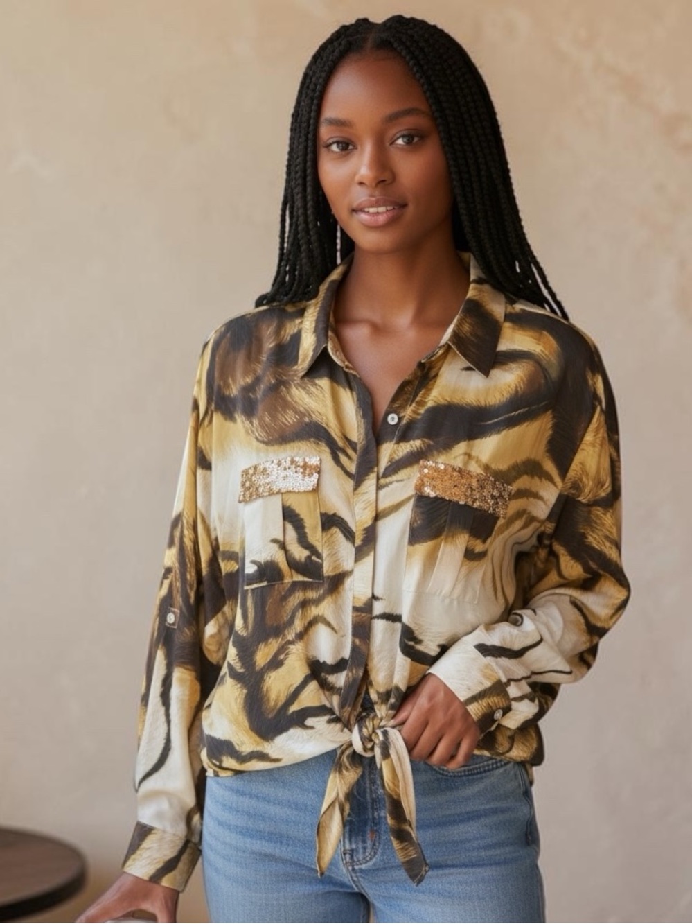 Chico's Black, Gold and White Abstract Tie-Front Blouse